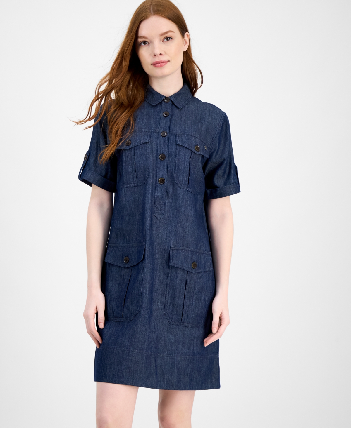 Tommy Hilfiger Women's Chambray Utility Popover Dress In Blue