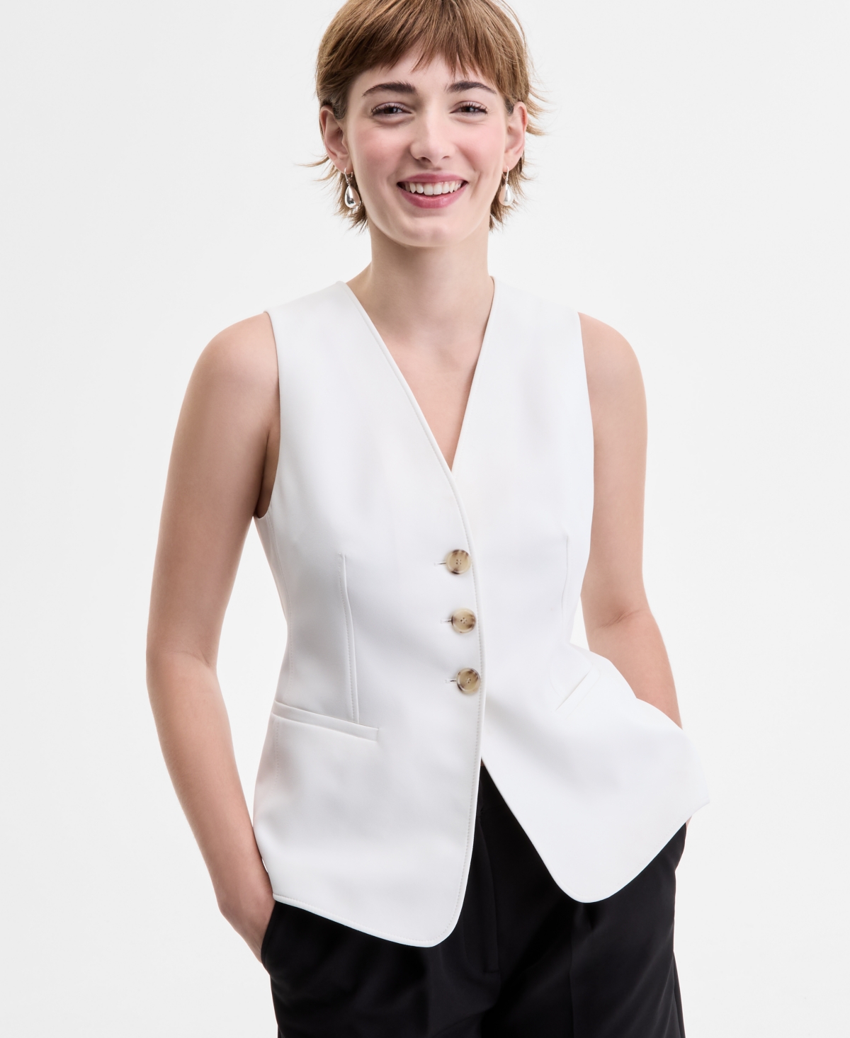 Women's Button-Front Belted-Back Vest - Soft Cream