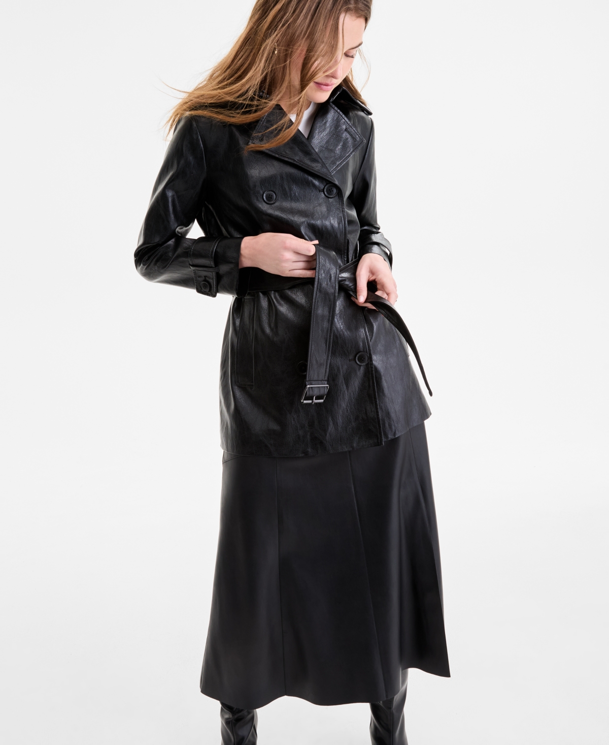 Women's Double-Breasted Faux-Leather Belted Trench Coat - Black