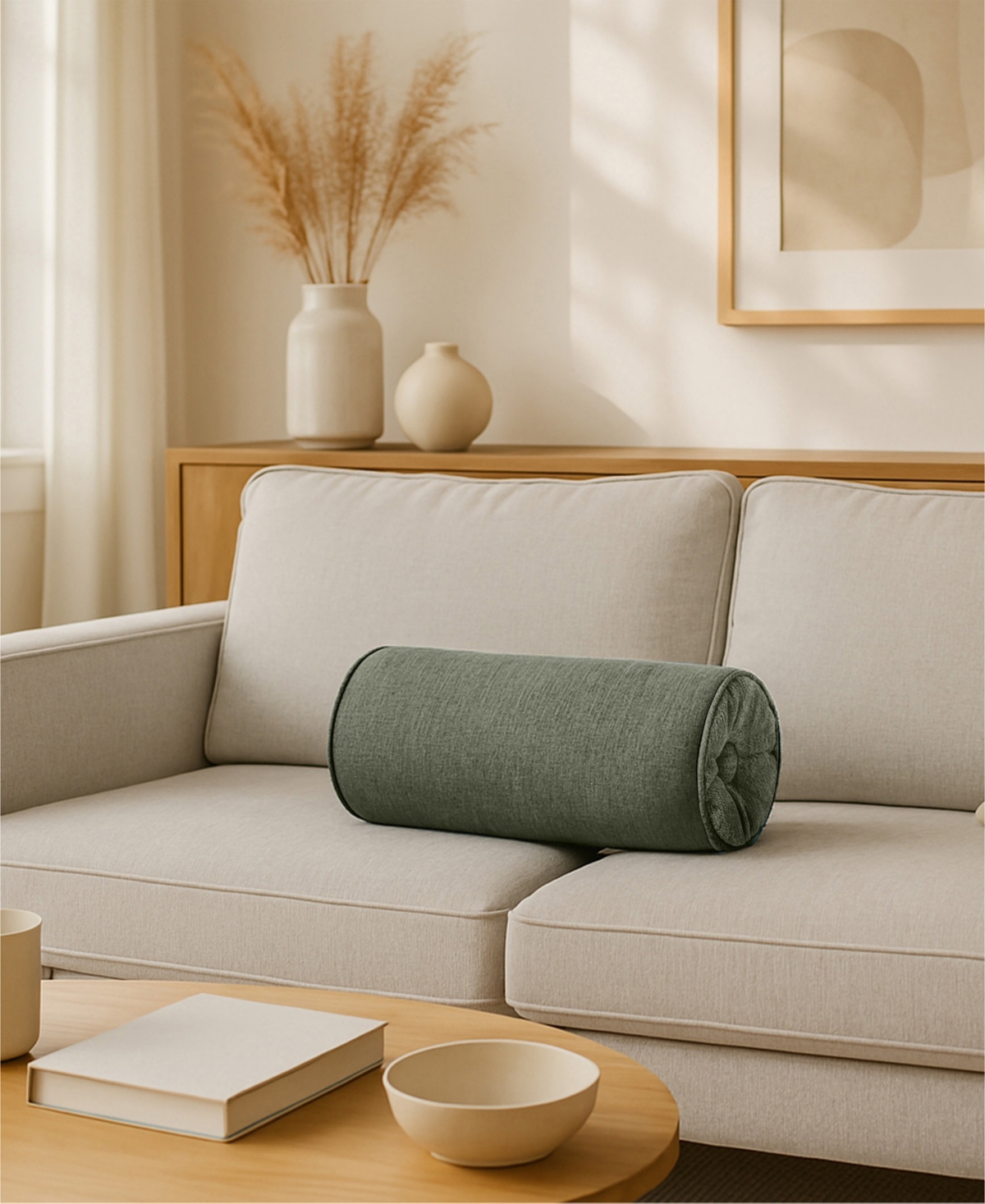 Ediehome Delmonico Chenille Lumbar Neck Roll Decorative Pillow, 7"x18" In Green