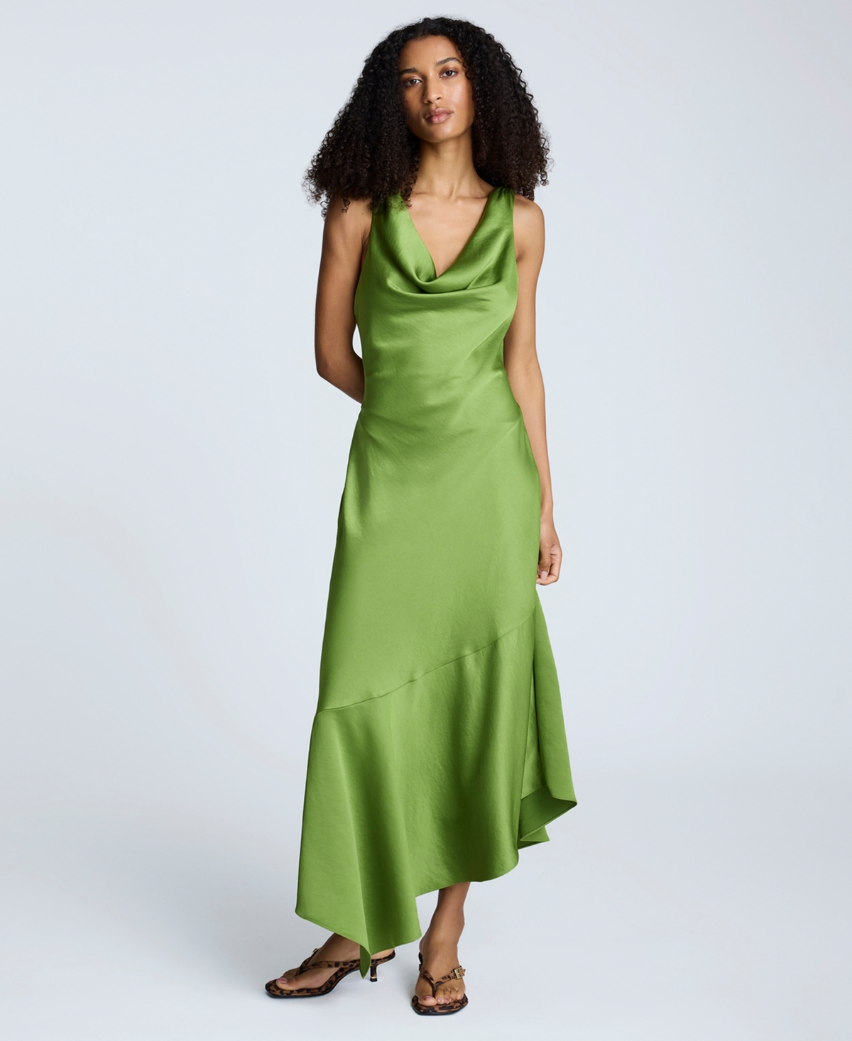 Women's Asymmetrical-Hem Cowlneck Dress - Cactus Green