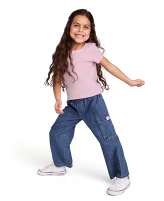 Toddler and Little Girls 2-Piece Ribbed Square Neck T-Shirt Wide Leg Denim Pant Set