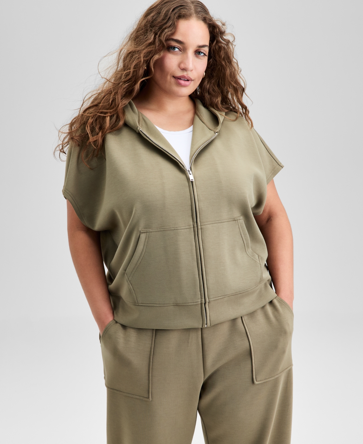 Trendy Plus Size Cap-Sleeve Scuba-Knit Hoodie, Exclusively at Macy's - Black