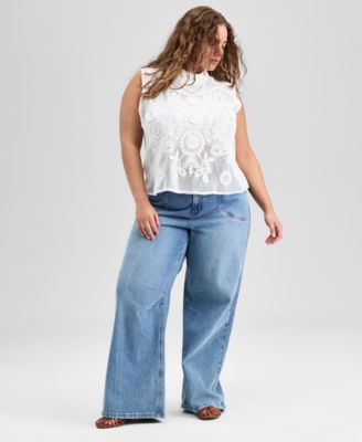 Trendy Plus Size Cotton Crochet Mock Neck Sleeveless Top, Exclusively at Macy's