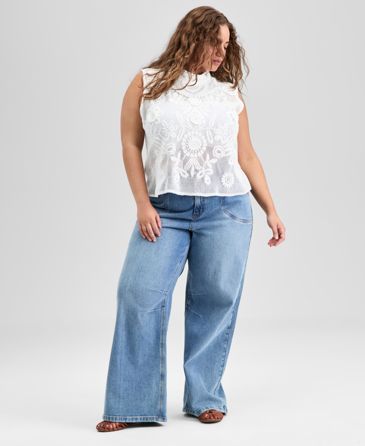 And Now This Trendy Plus Size Cotton Crochet Mock Neck Sleeveless Top, Exclusively At Macy's In Brown