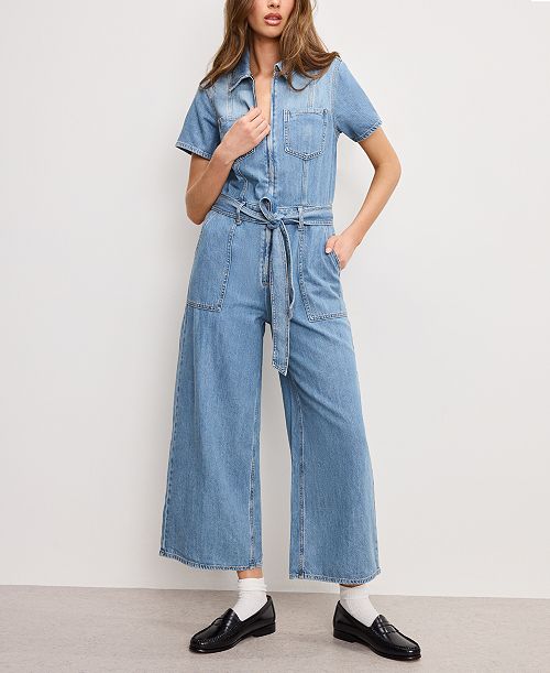 alfani Good American Women's Fit For Success Denim Cropped Jumpsuit Women's Fashion Shoes & Accessories