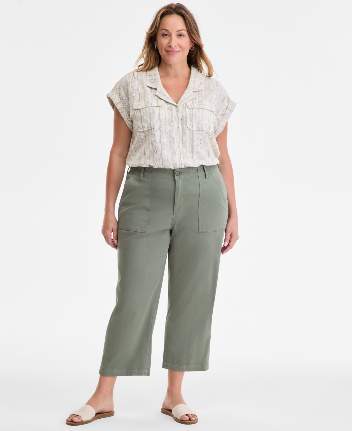 Trendy Plus Size Cargo Wide-Leg Cropped Pant - Martini Olive