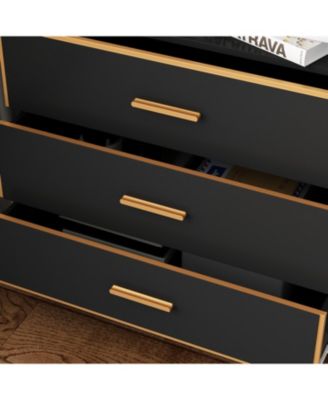 Bedside table with 3 drawers, side table with gold metal handles and feet, end table in black wood, suitable for bedrooms, living rooms, offices