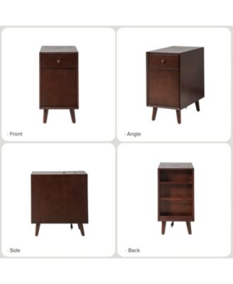 1Pc Mitch Mid-Century End Table with Storage Built-In Outlets & Cup Holder Tray Wood Side Table