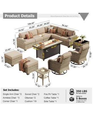 13 Piece Outdoor Patio Furniture Sets with Fire Pit Table,All Weather Wicker Sectional Sofa with Extra Deep Patio Swivel Chairs and Solar PoweRed Coffee Table for