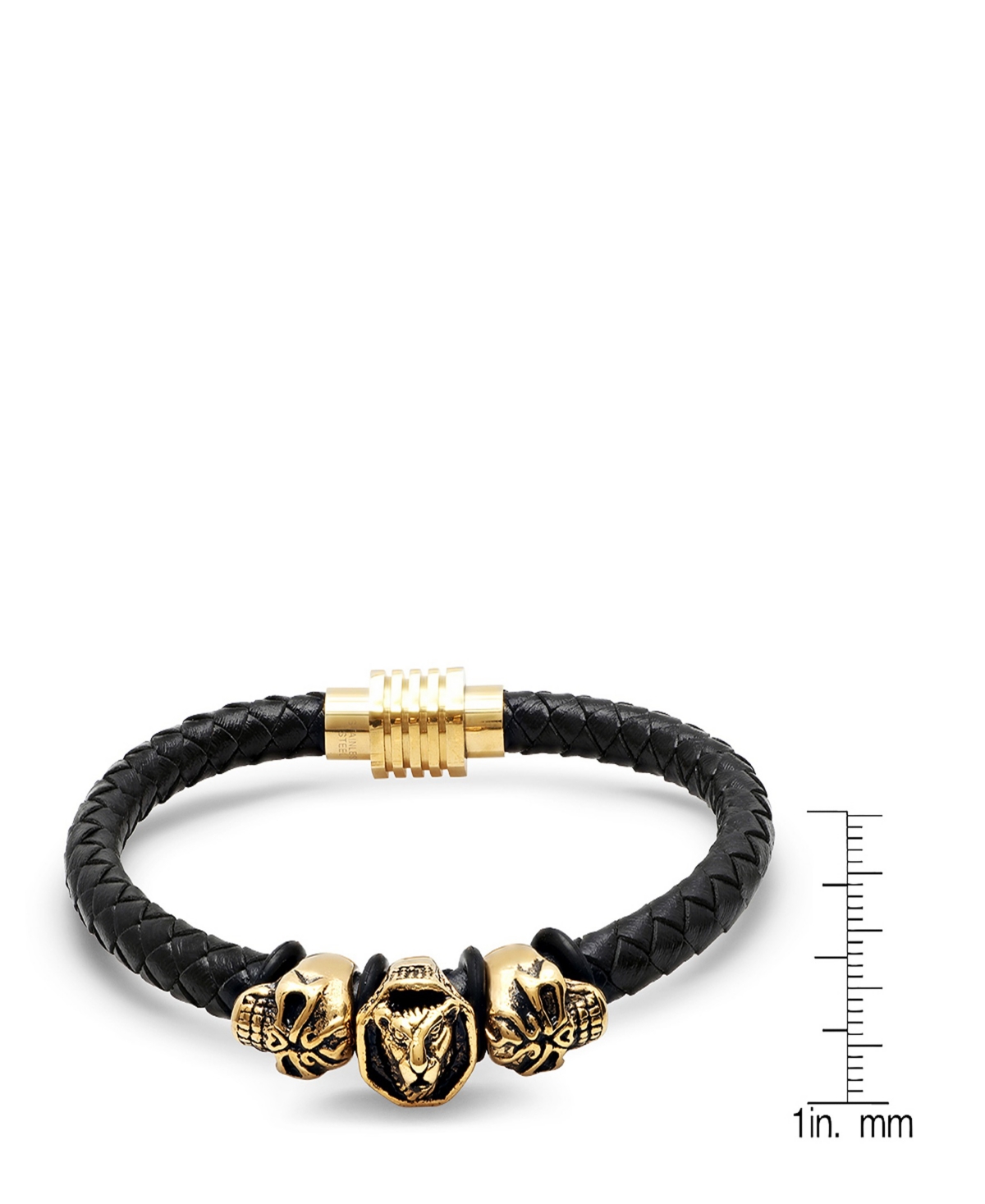Steeltime Men's Lion Head And Skull Accents Black Leather Braided Bracelet
