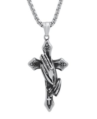 Men's Stainless-Steel Prayer Hand and Cross Pendant Necklace