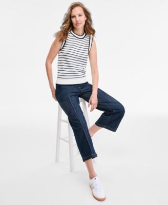 TOMMY HILFIGER WOMENS STRIPED BASKET WEAVE SLEEVELESS SHELL SWEATER WIDE LEG NO WAISTBAND CROPPED DENIM JEANS 