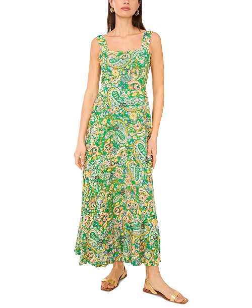 alfani Vince Camuto Women's Paisley- Print Square-Neck Smocked-Back Sleeveless Maxi Dress Women's Fashion Shoes & Accessories
