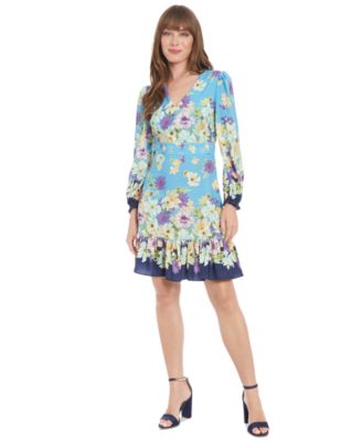 London Times - Women's Printed V-Neck Long-Sleeve Dress