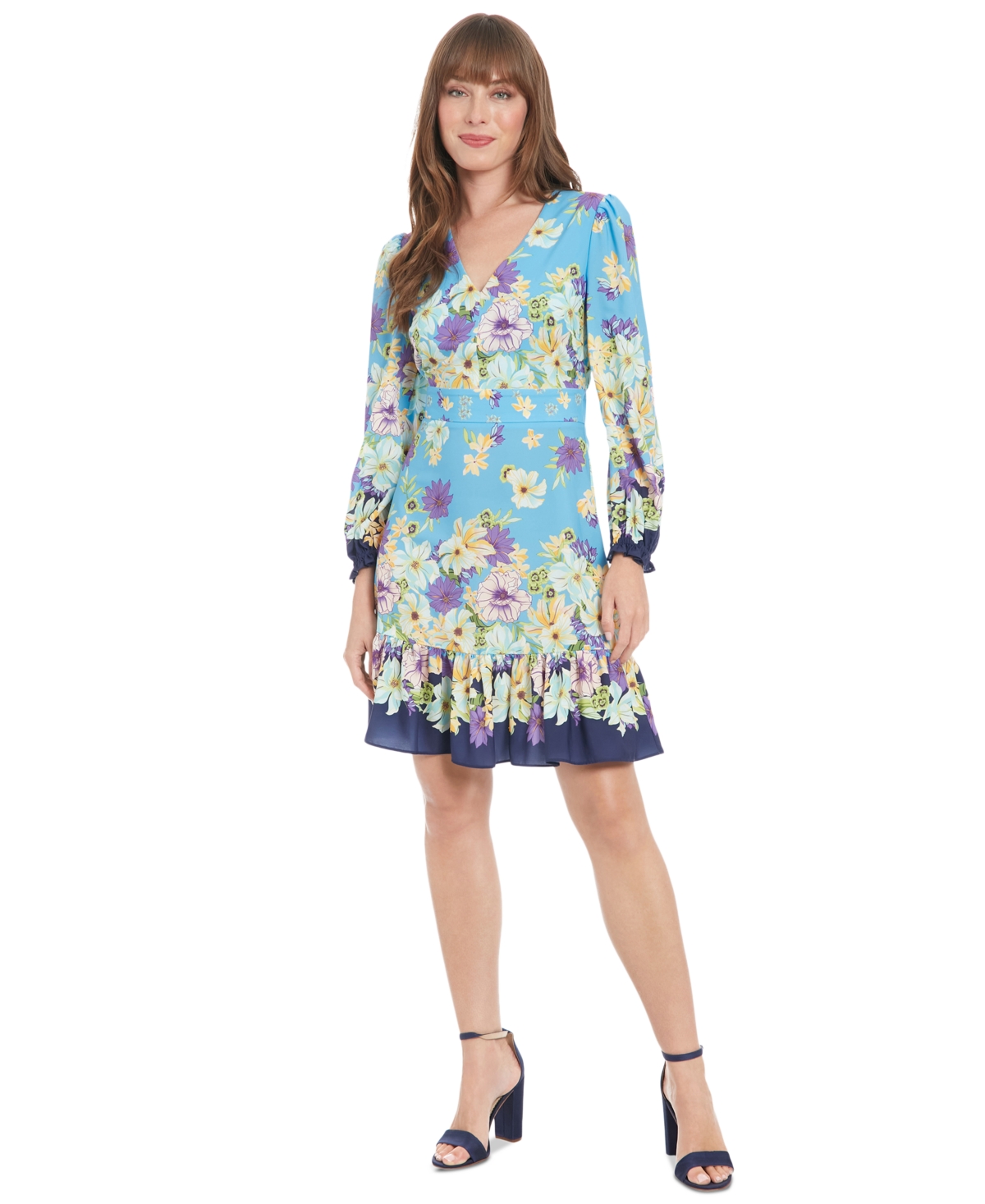 Women's Printed V-Neck Long-Sleeve Dress - Blue Multi