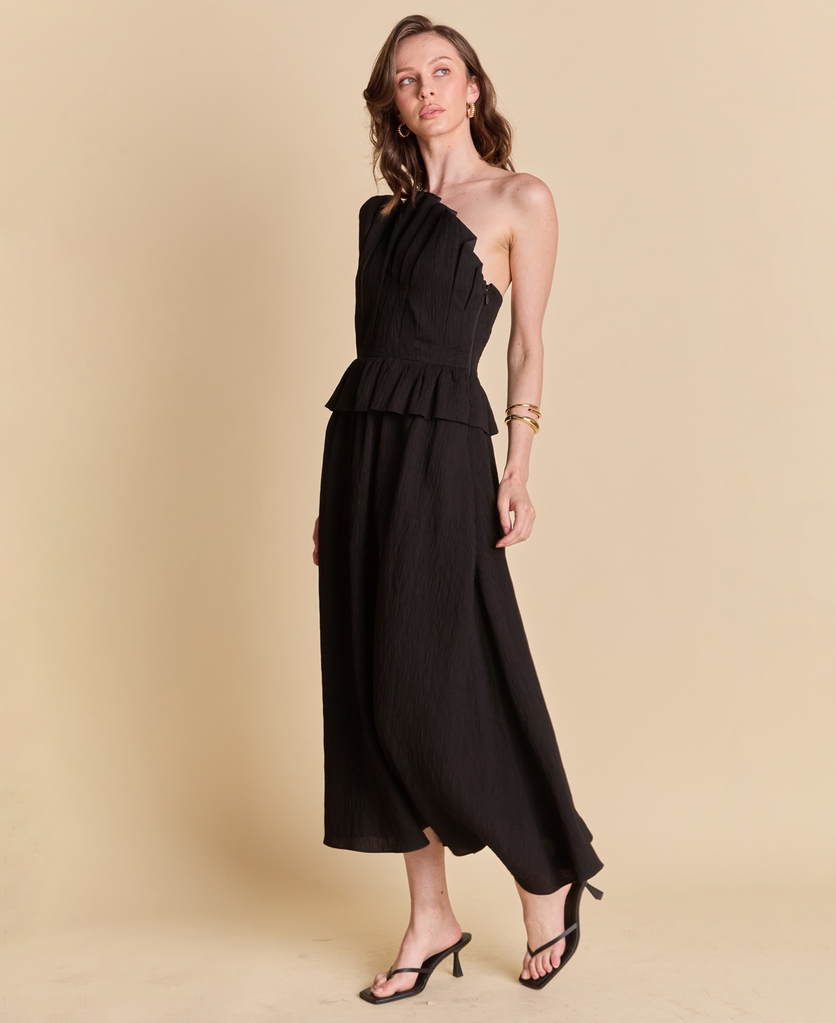 ENGLISH FACTORY WOMEN'S RUFFLED STRAPLESS MIDI DRESS 