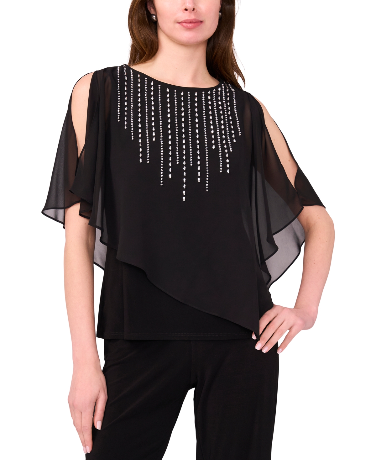 Women's Beaded Overlay Split-Sleeve Top - Black