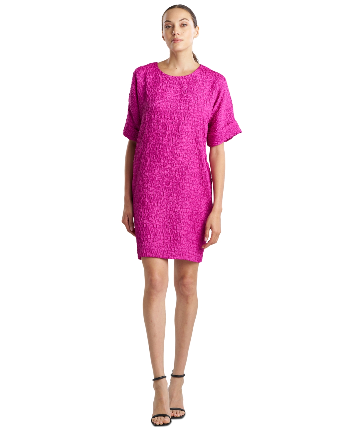 Women's Floral Crinkle Jacquard Short-Sleeve Dress - Fuchsia