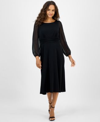 Connected - Petite Shirred-Waist Sheer-Sleeve Midi Dress