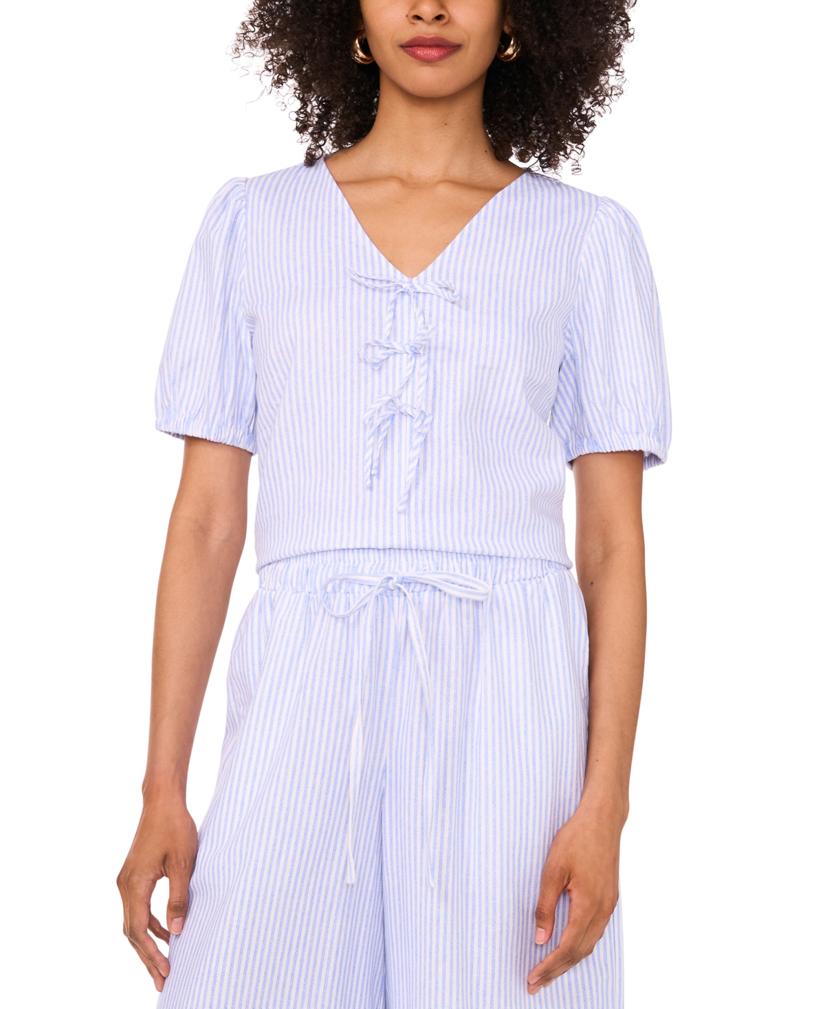 Sam & Jess Women's Striped Bow-front V-neck Puff-sleeve Top