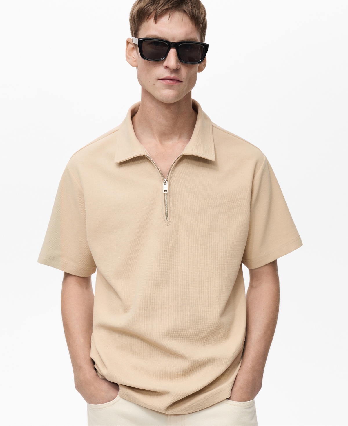 Men's Structured Zip Collar Polo Shirt - Beige