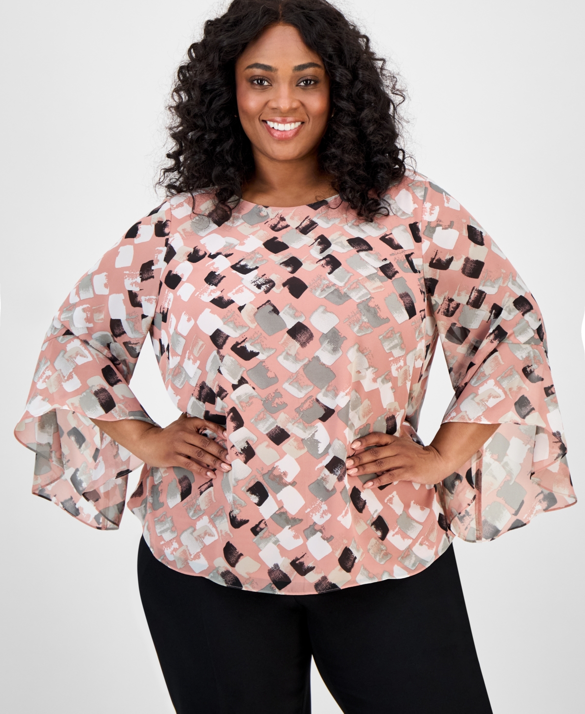 Plus Size Printed Bell-Sleeve Blouse - Tearose Multi