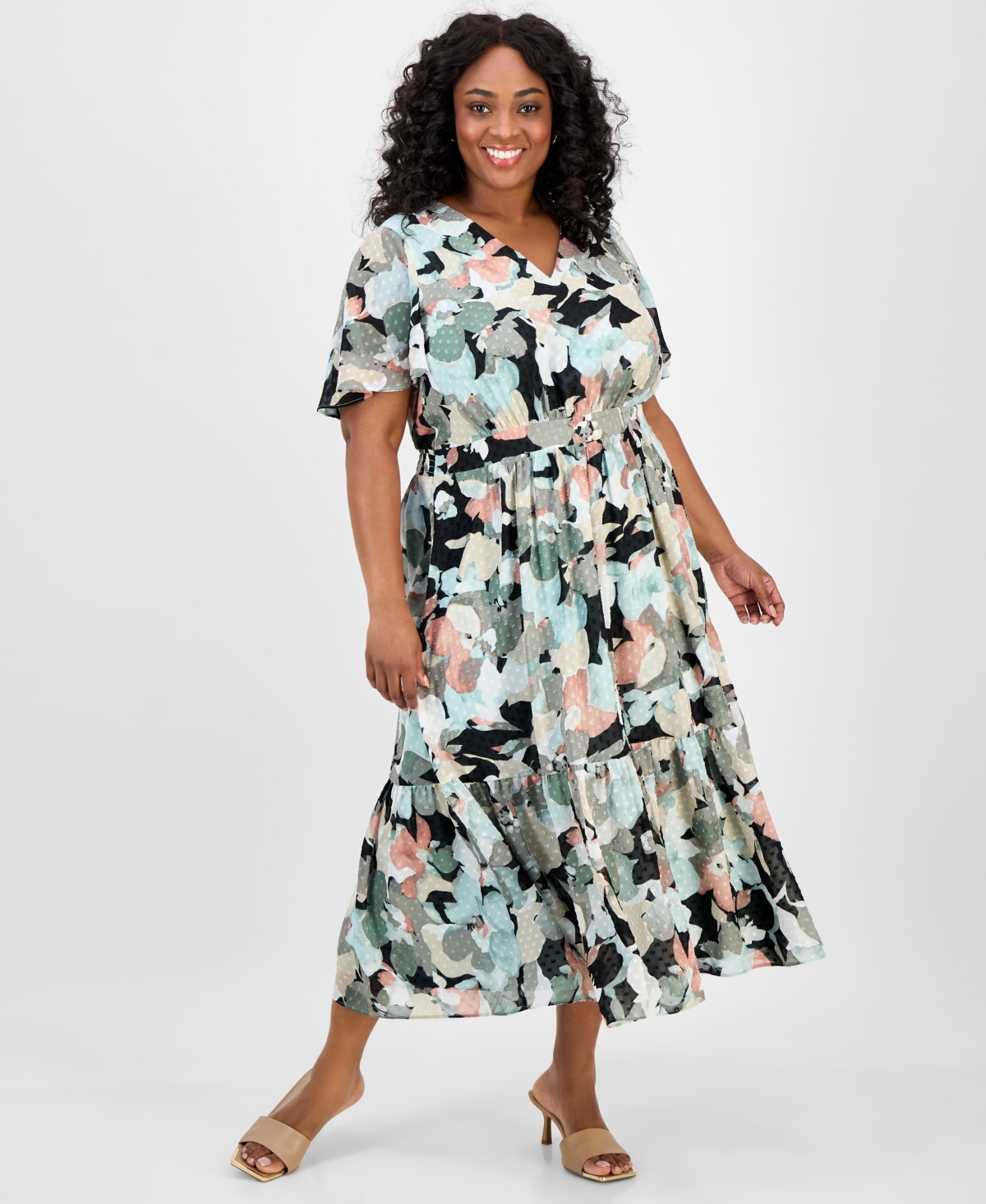 Plus Size Textured Printed Midi Dress - Black Multi