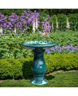 Dark Green Flower 21.65-Inch Tall Ceramic Birdbath