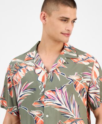 Men's Regular-Fit Leaf-Print Camp Shirt