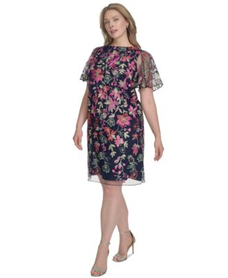 Plus Size Floral Embroidered Flutter-Sleeve Dress