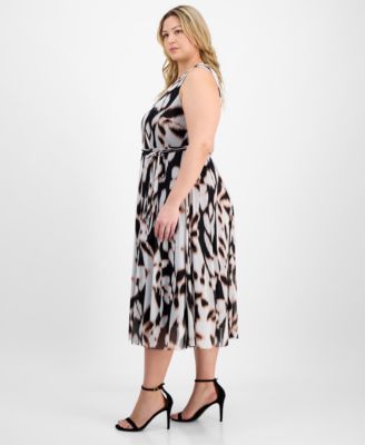 Plus Size Belted Printed Sleeveless Midi Dress