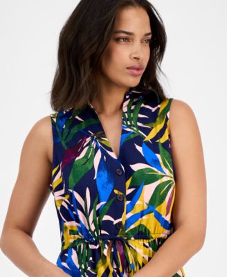 Petite Printed Sleeveless Collared Shirtdress