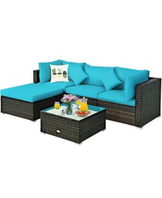 5PCS Rattan Patio Conversation Set Outdoor Furniture Set w/ Ottoman Turquoise Cushion