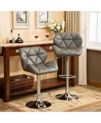 of 2 Adjustable Swivel Bar Stools with Diamond-Tufted Faux Leather Seats, Footrest, and Chrome Base for Kitchen or Home Bar