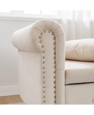 Velvet Upholstered Chaise Lounge with Storage and Pillow, Tufted Rolled Arm Chair with Nailhead Trim for Living Room or Bedroom