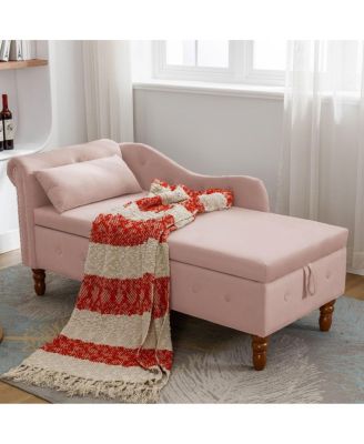 Velvet Upholstered Chaise Lounge with Storage and Pillow, Tufted Rolled Arm Chair with Nailhead Trim for Living Room or Bedroom