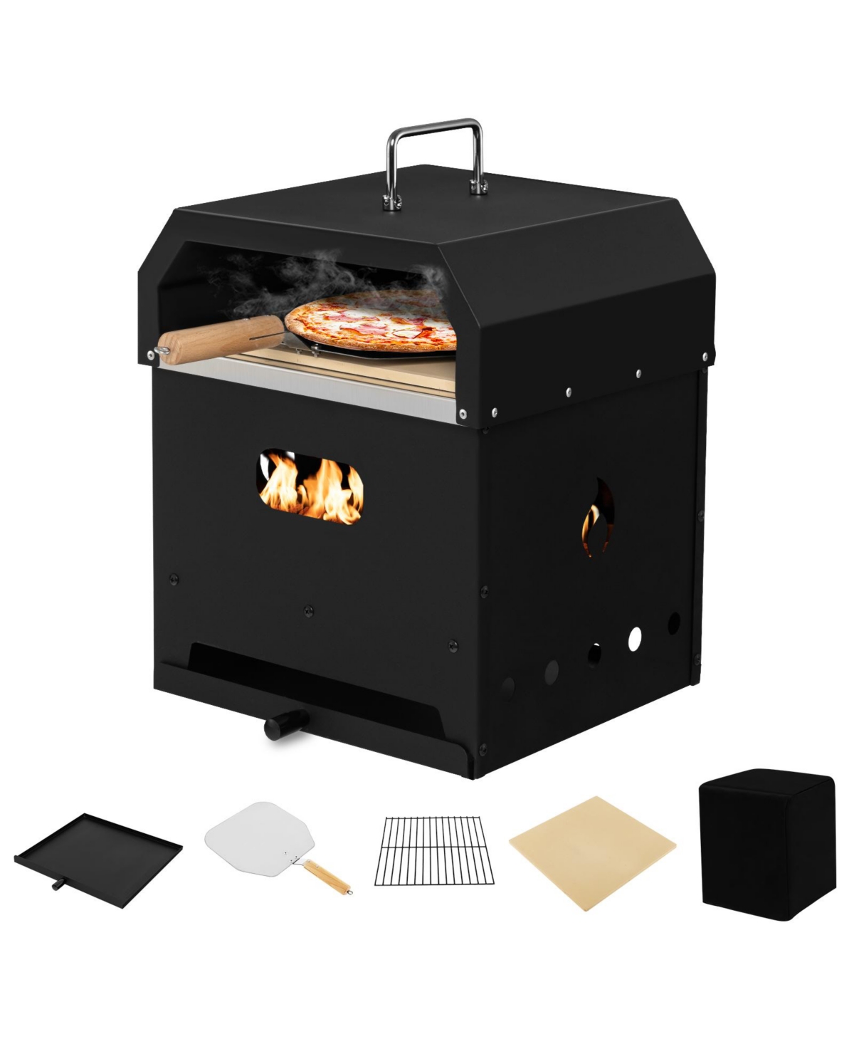 4-in-1 Outdoor Portable Pizza Oven with 12 Inch Pizza Stone - Black