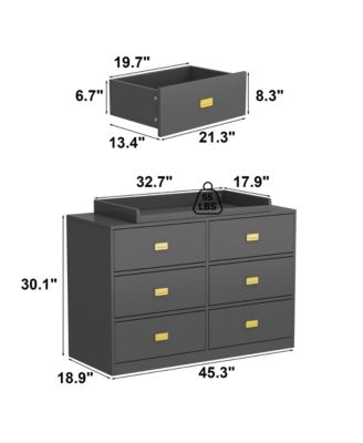 Changing table with six drawers, baby changing station with changing table top and drawers, grey wood
