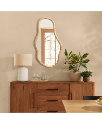 Natural Pine Wood Frame Oblong Irregular Wall Mirror, Accent and Vanity