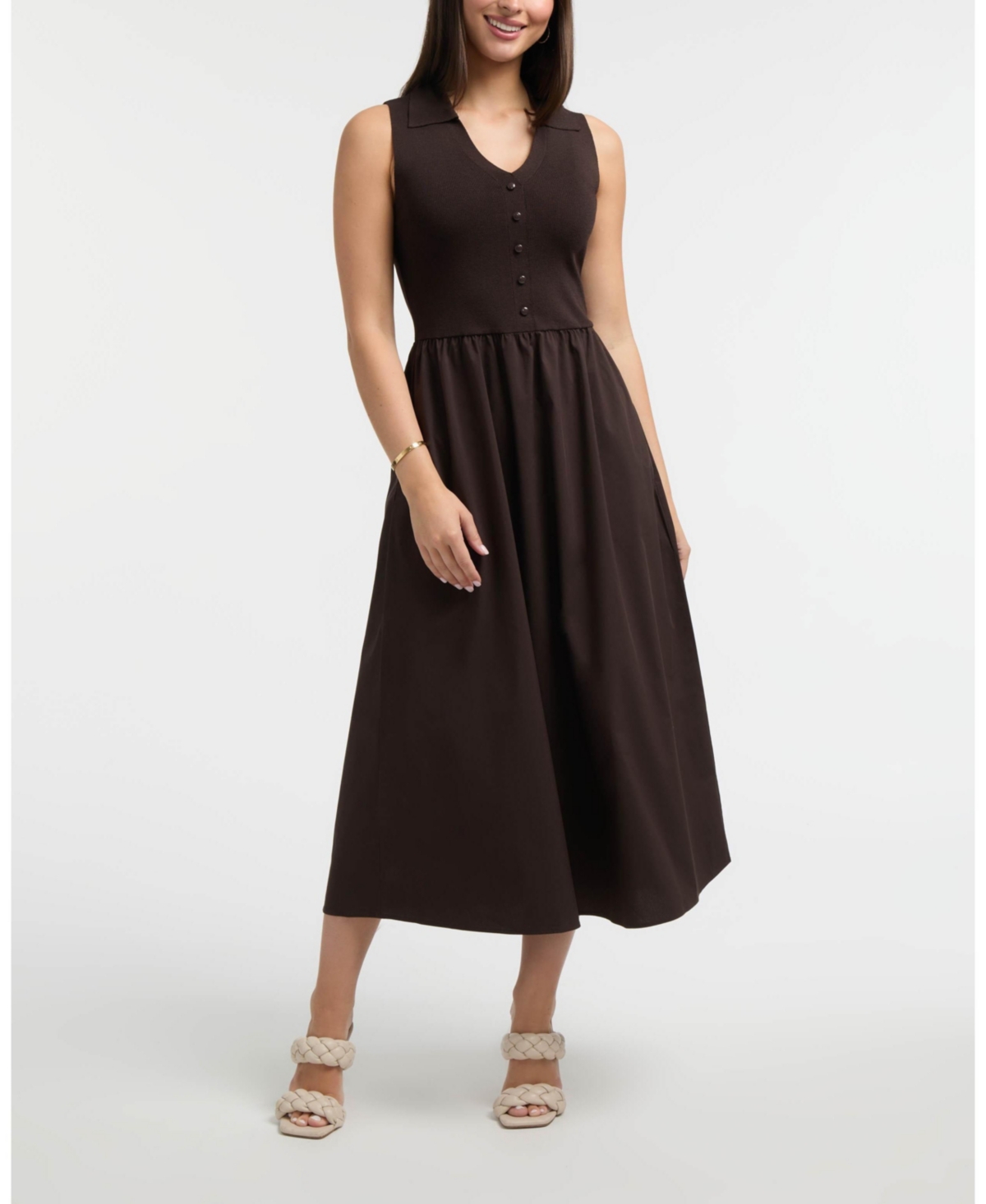 Women's Sleeveless Polo Collar Twofer Dress - Brown