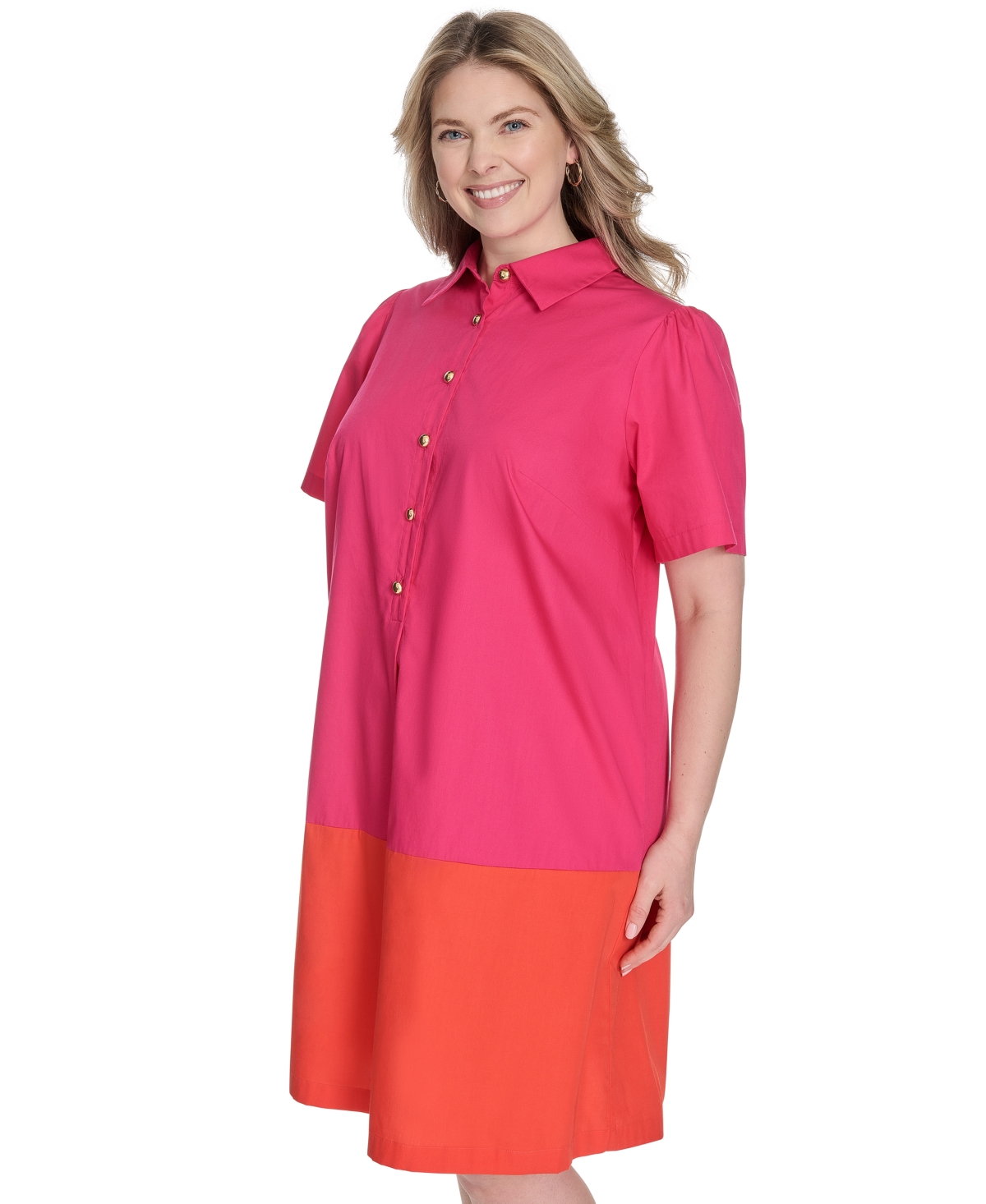 Jessica Howard Plus Size Cotton Colorblocked Shift Shirtdress In Pink