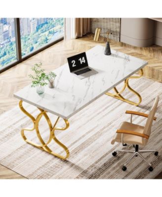 63-Inch Computer Desk, Modern Executive Desk with Gold Metal Legs, Large Sturdy Writing Table for Home Office, White and Gold