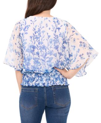 Women's Round-Neck 3/4-Sleeve Smocked-Waist Blouse