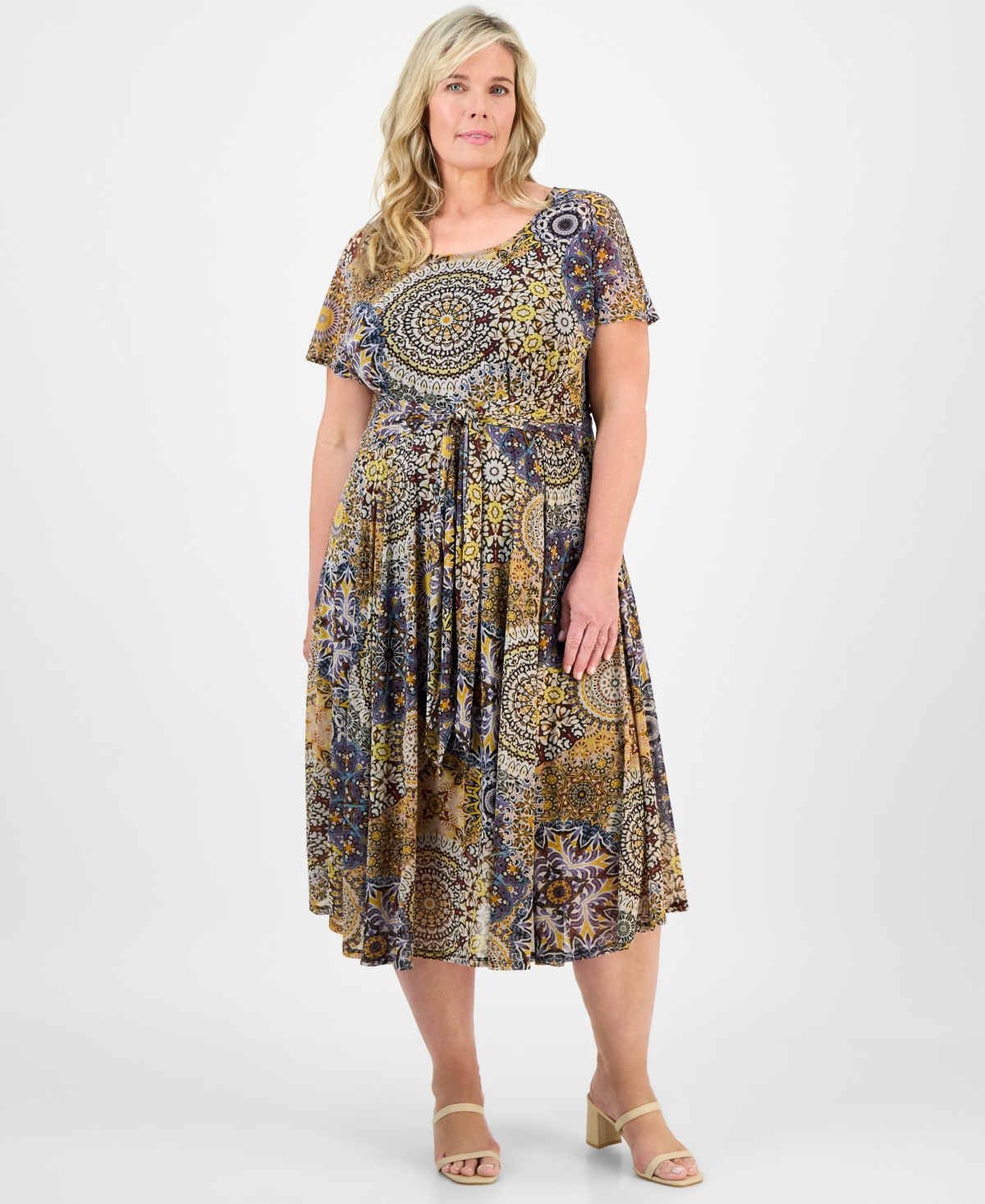 Plus Size Printed Tie-Waist Midi Dress - Navy Gold