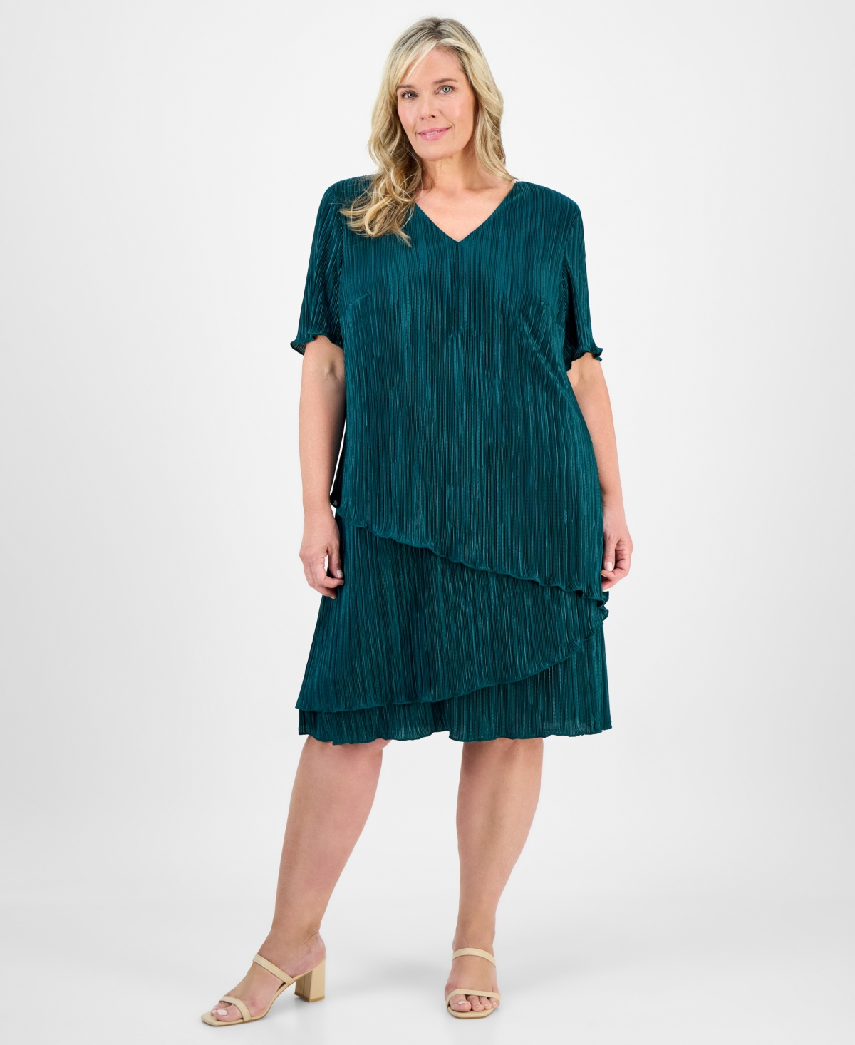 Plus Size V-Neck Short-Sleeve Tiered Dress - Deep Spruce