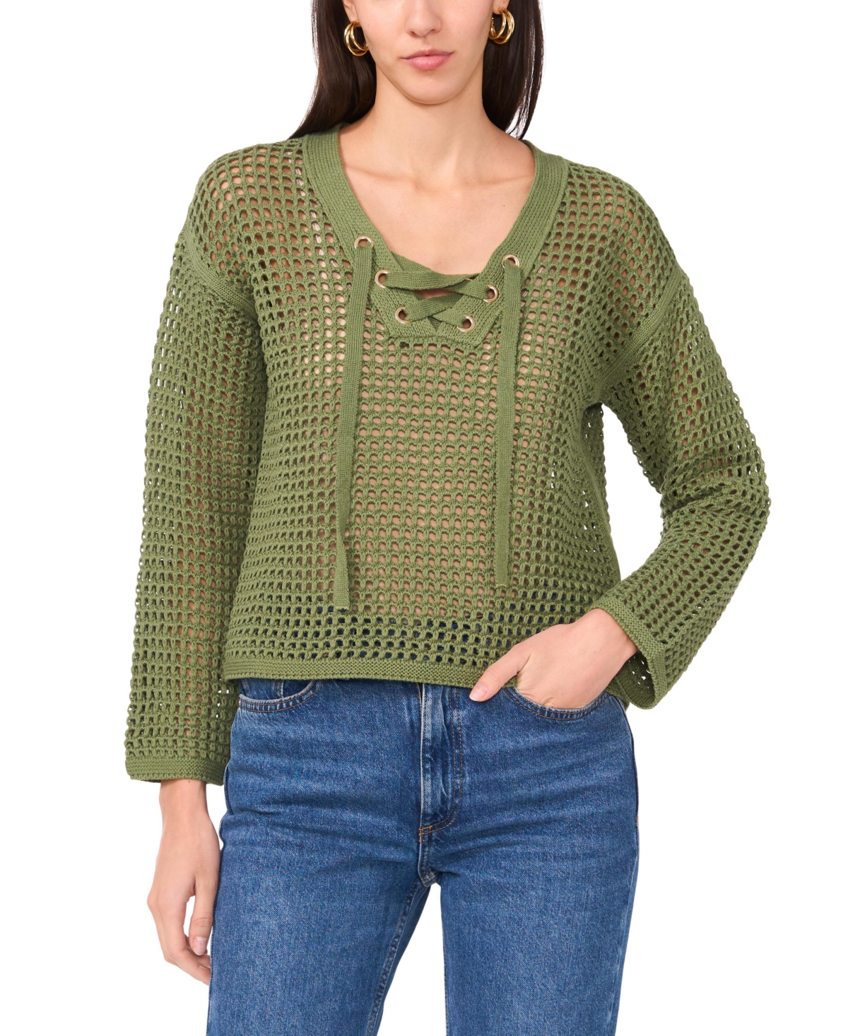 Shop Vince Camuto Women's Lace-up Fishnet Long-sleeve Sweater