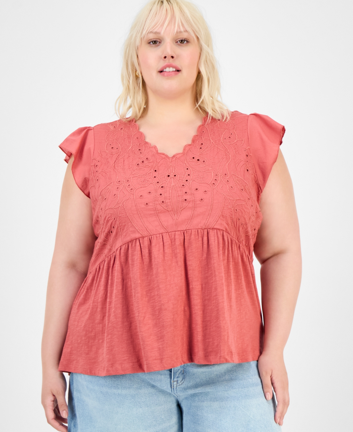Trendy Plus Embroidered Flutter Sleeve Blouse - Cashmere Red