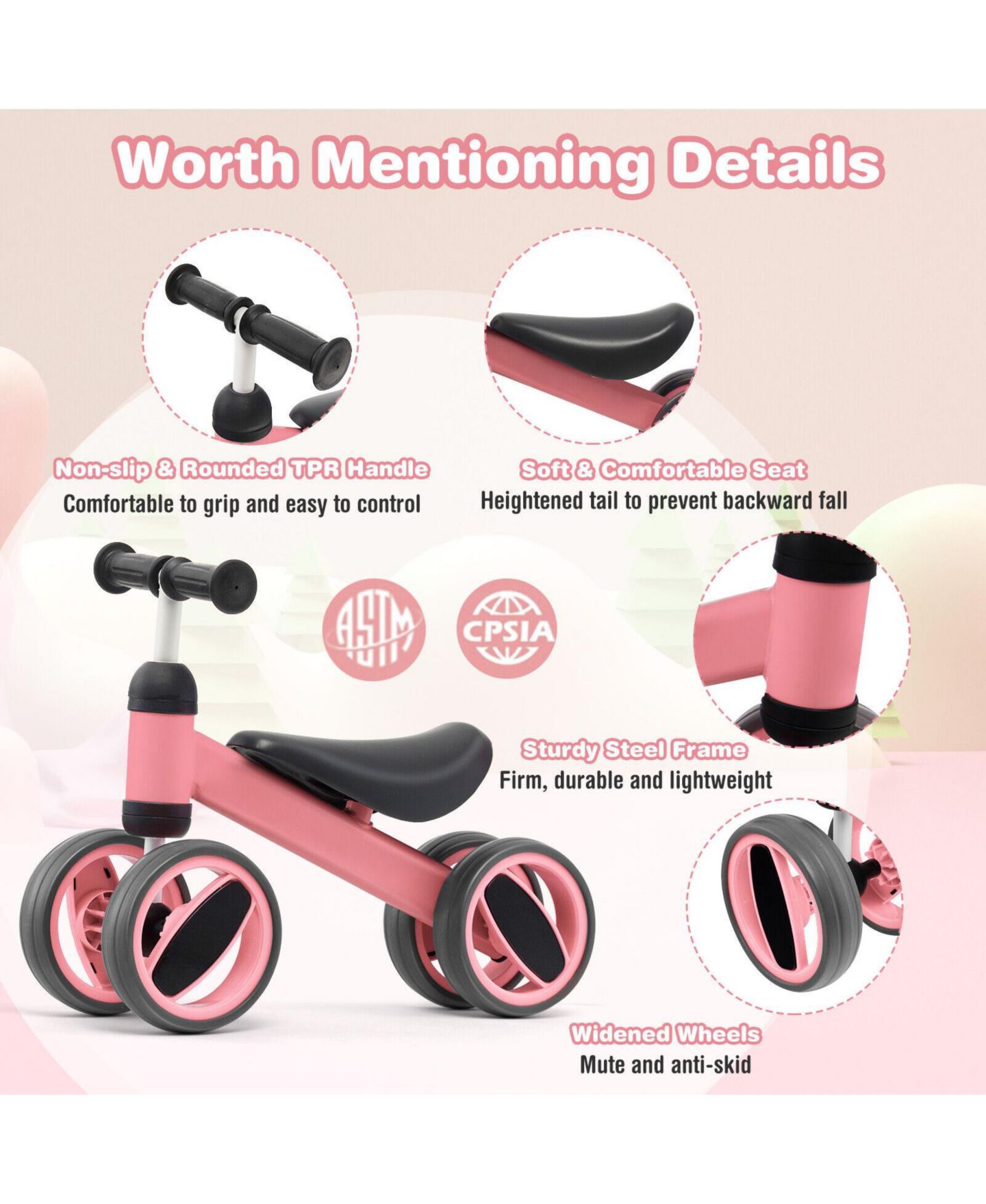 Детская игрушка Mecale 4-Wheel Lightweight Balance Bike, Ages 1-2, цвет: Розовый — фото 7