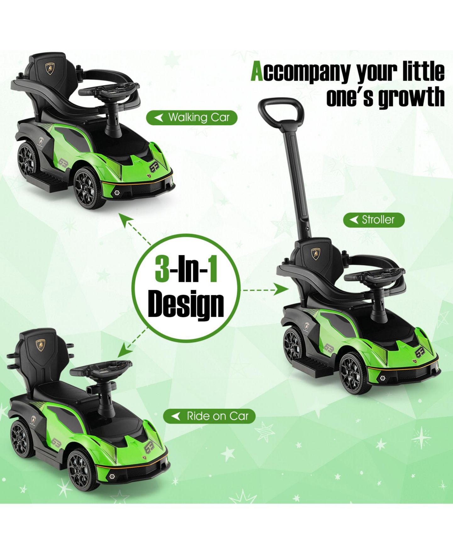Детская игрушка Mecale 3-in-1 Licensed Lamborghini Ride-On Push Car With Under-Seat Storage, 55-lb Capacity, Ages 1+, цвет: Зелёный — фото 6